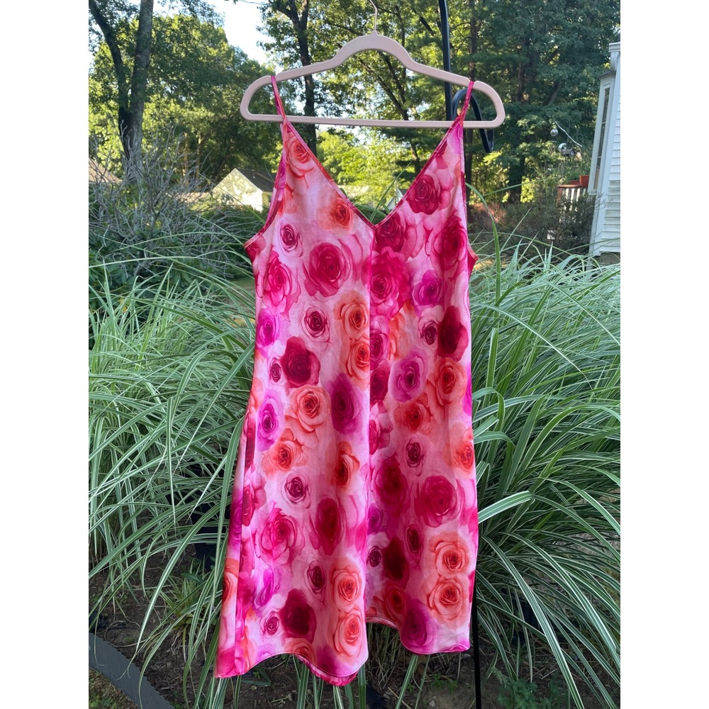 Vintage Floral Satin Chemise Slip Dress Large Strappy